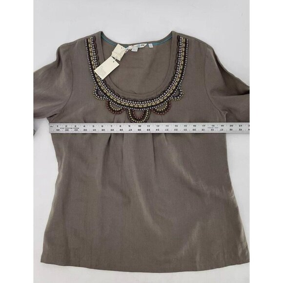 NWT Boden Taupe 100% Linen Shirt Beaded Neckline 3/4 Sleeve US Size 10 Boho - Picture 12 of 12